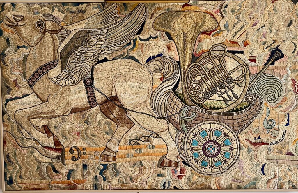 161F, Winged Horse with French Horn, Fiber art - silk threads on linen Dimensions: W 54.3" x H 34.2" Collection: Private