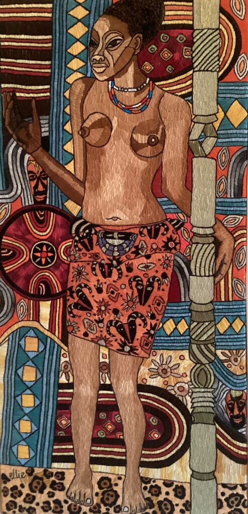 109F, African Woman, Fiber art - silk threads on linen Dimensions: W 20 3/4 x H 42" Collection: Private