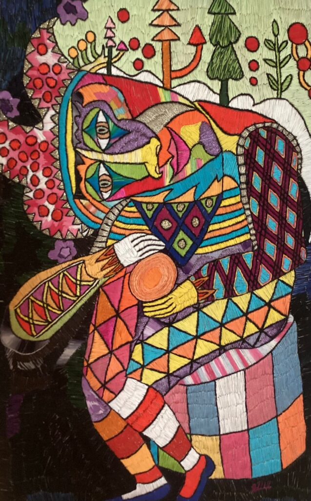 113F, Bent Over Jester, Fiber art - silk threads on linen Dimensions: W 16 3/4" x H 28 1/2" Collection: Available
