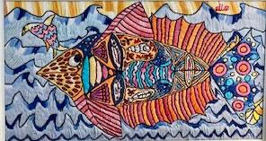144F, Fish with Bird, Fiber art - silk threads on linen Dimensions: Don't have measurements Collection: Available