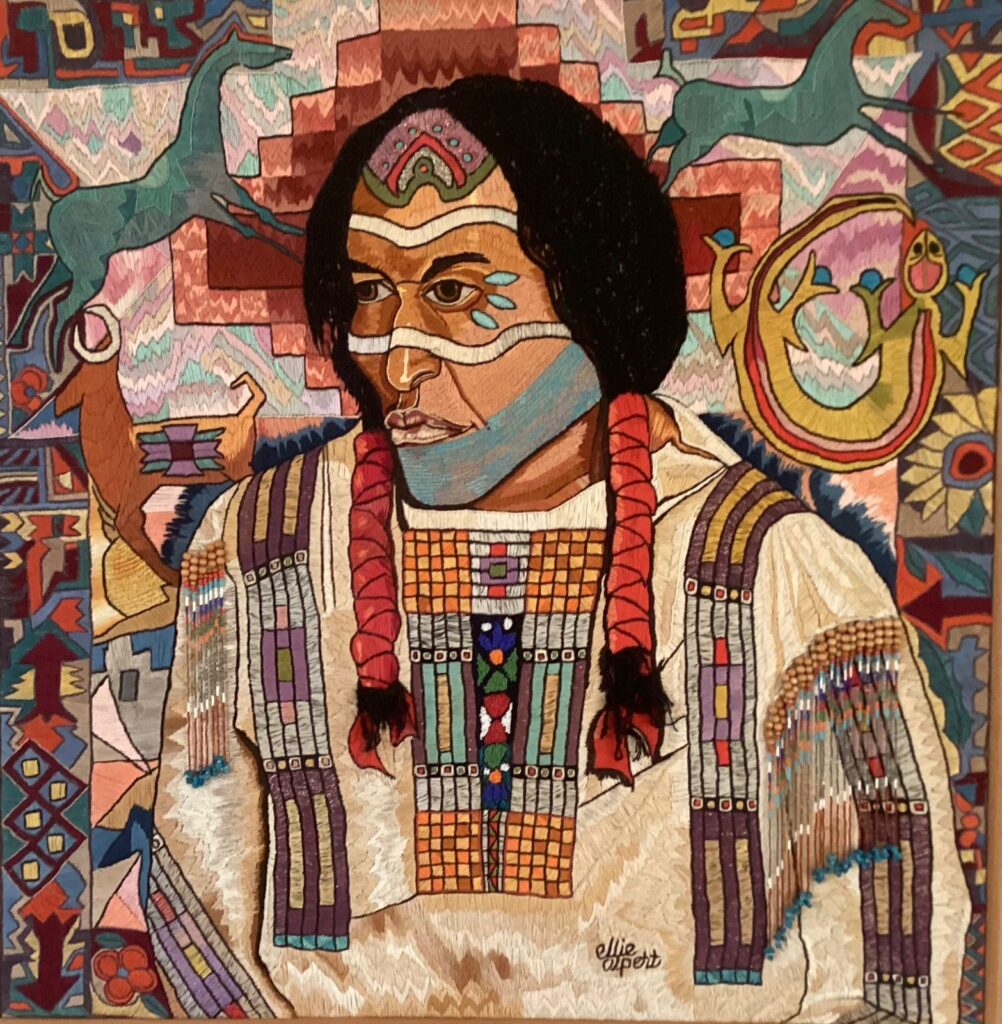 131F, Indian Warrior, Fiber art - silk threads on linen Dimensions: W 37" x H 38" Collection: Available
