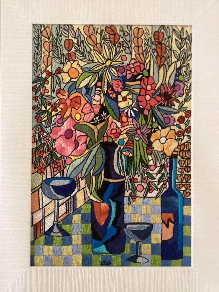 130F, Still Life of Wine Bottle and Flowers, Fiber art - silk threads on linen Dimensions: W 21 3/4" x H 29 3/4" Collection: Available