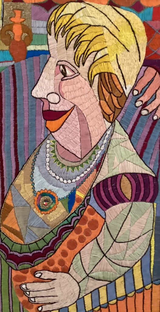 124F, Lady with Jeweled Necklace, Fiber art - silk threads on linen Dimensions: W 17 1/2" x H 31 1/2" Collection: Available