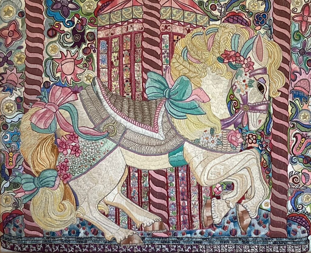 108F, Carousel Horse, Fiber art - silk threads on linen Dimensions: W 44" x H 36" Collection: Undecided