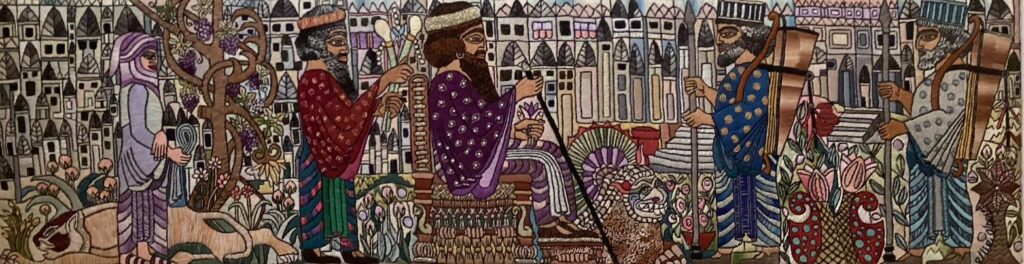 101F, Egyption Procession, Fiber art - silk threads on linen Dimensions: W 57 1/8" x H 15 3/8" Collection: Private