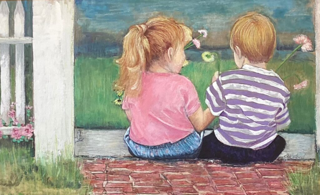 133A, Boy and Girl with Wildflowers, Acrylic Dimensions: W 34" x H 22" Collection: Available