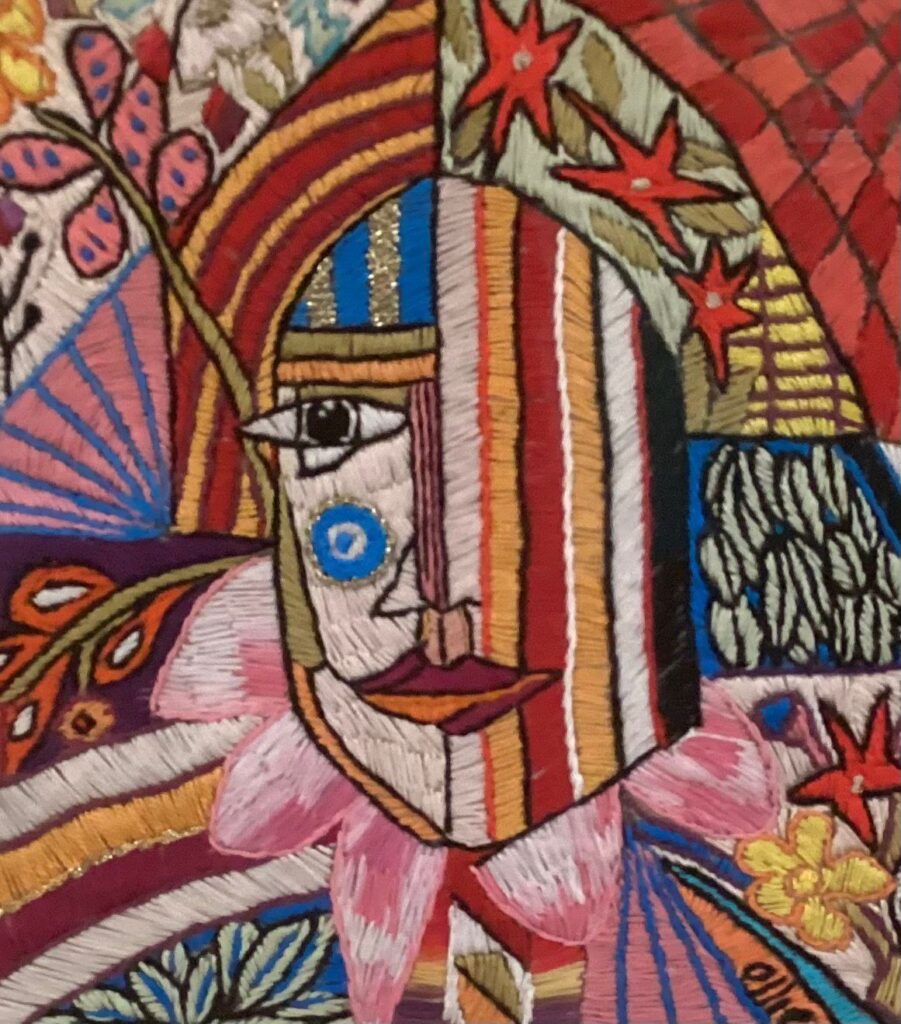 123F, Clown with Semi Masked Face, Fiber art - silk threads on linen Dimensions: Don't have measurements Collection: Available