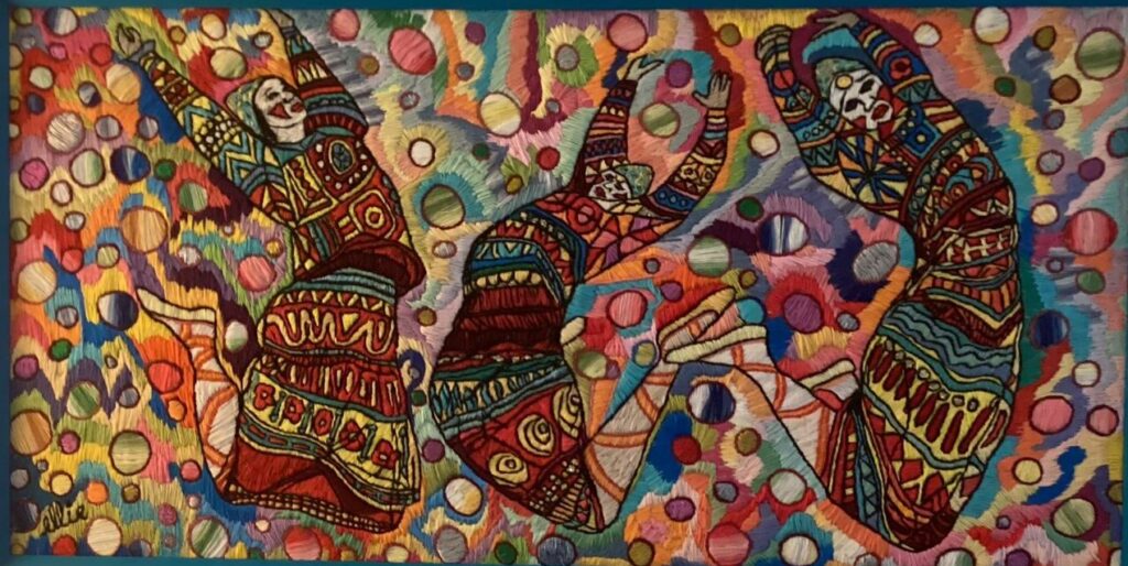 127F, Dancing Clowns, Fiber art - silk threads on linen Dimensions: W 38" x H 22" Collection: Private
