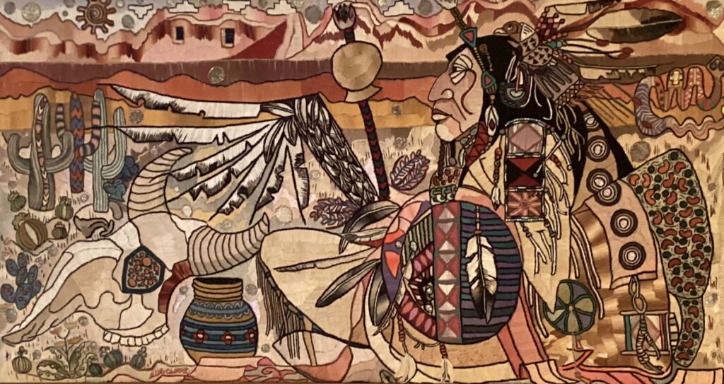 184F, Desert Indian, Fiber Art - silk thread on linen Dimensions: W 48" x H 36" Collection: Private
