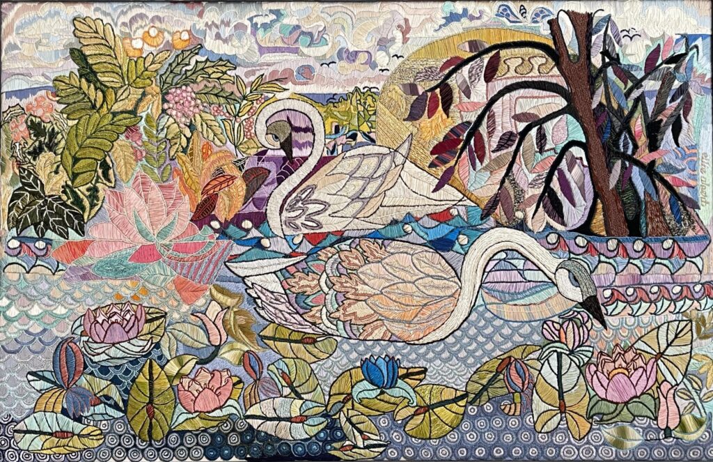 111F, Swans, Fiber art - silk threads on linen Dimensions: W 54 1/4" x H 37 1/4" Collection: Private
