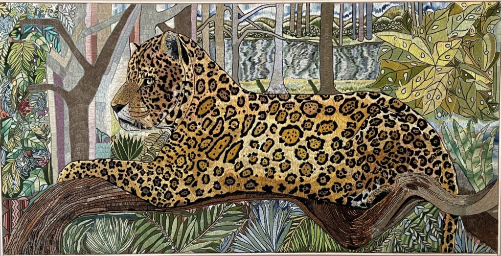 107F, Lying Leopard, Fiber art - silk threads on linen Dimensions: W 66" x H 33 1/2" Collection: Private