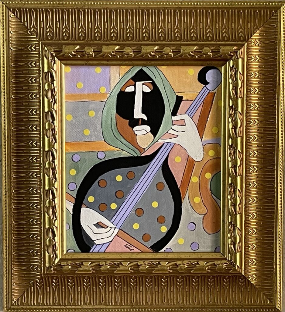 158A, Jazz Player with Stringed Instrument no Bow, Acrylic Dimensions: W 11 1/2" x H 12 3/4" Collection: Private