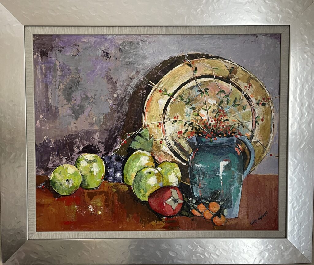 157A, Still Life Round Plate, Blue Jar, and Fruit, Acrylic Dimensions: W 36 3/4" x H 31" Collection: Private
