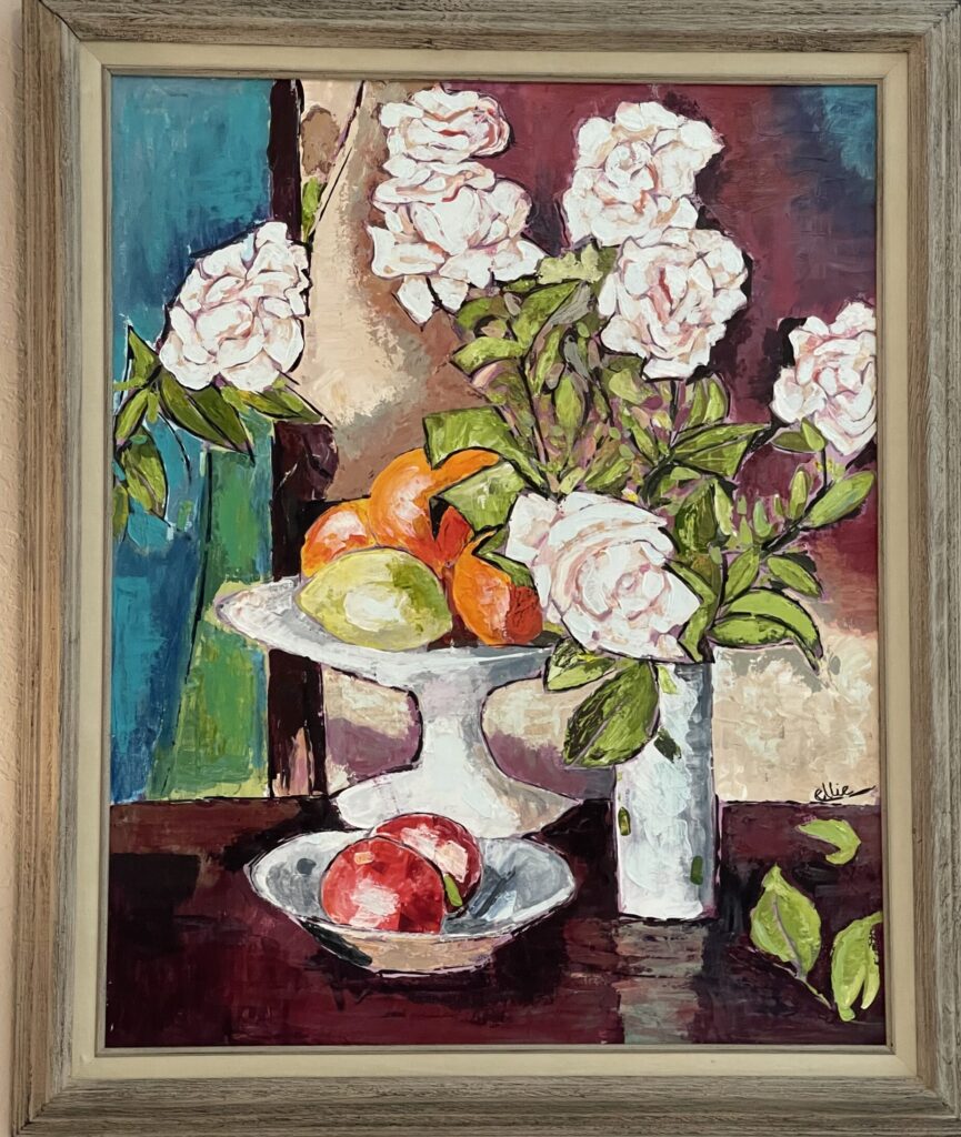 153A, Still Life Flowers and Fruit in Purple and Aqua, Acrylic Dimensions: W 29" x H 34 1/2" Collection: Private