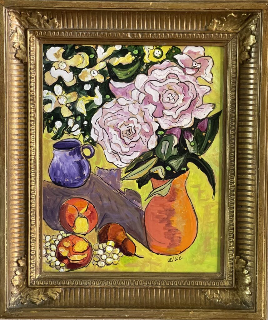 154A, Still Life Flowers and Fruit in Orange/Yellow, Acrylic Dimensions: W 13 1/2" x H 16" Collection: Private