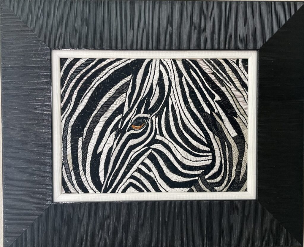 150F, Zebra, Fiber art - silk threads on linen Dimensions: W 31" x H 25 1/2" Collection: Private