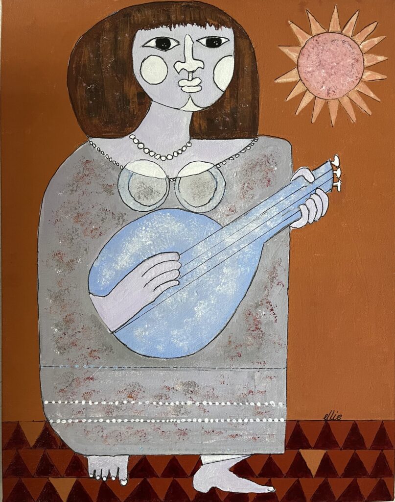 152A, Lady with Mandolin in burnt Orange, Acrylic Dimensions: W 14" x H 18" Collection: Private