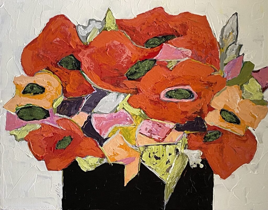 156A, Red Poppies in Black Vase, Acrylic Dimensions: W 20" x H 16" Collection: Private