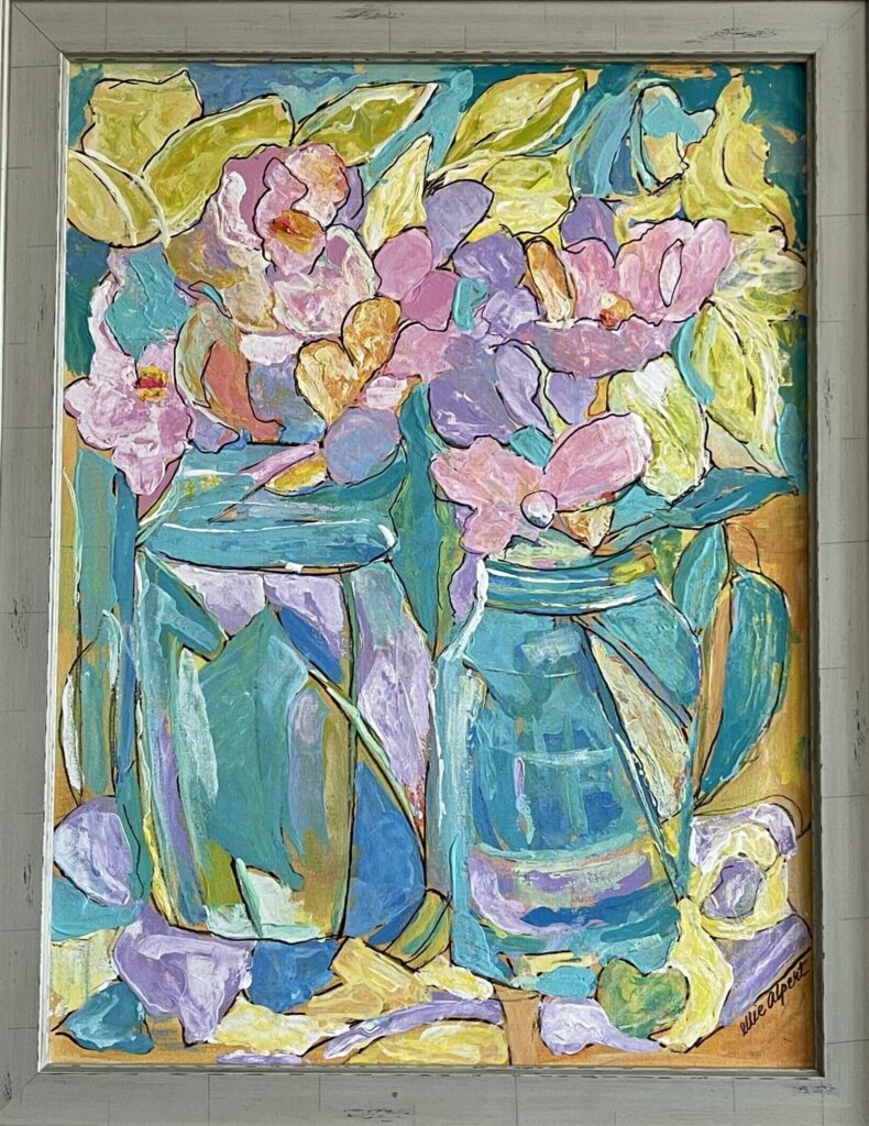 105A, Flowers in Jars in Blues and Pinks, Acrylic Dimensions: W 27 1/2" x H 21 1/2" Collection: Available