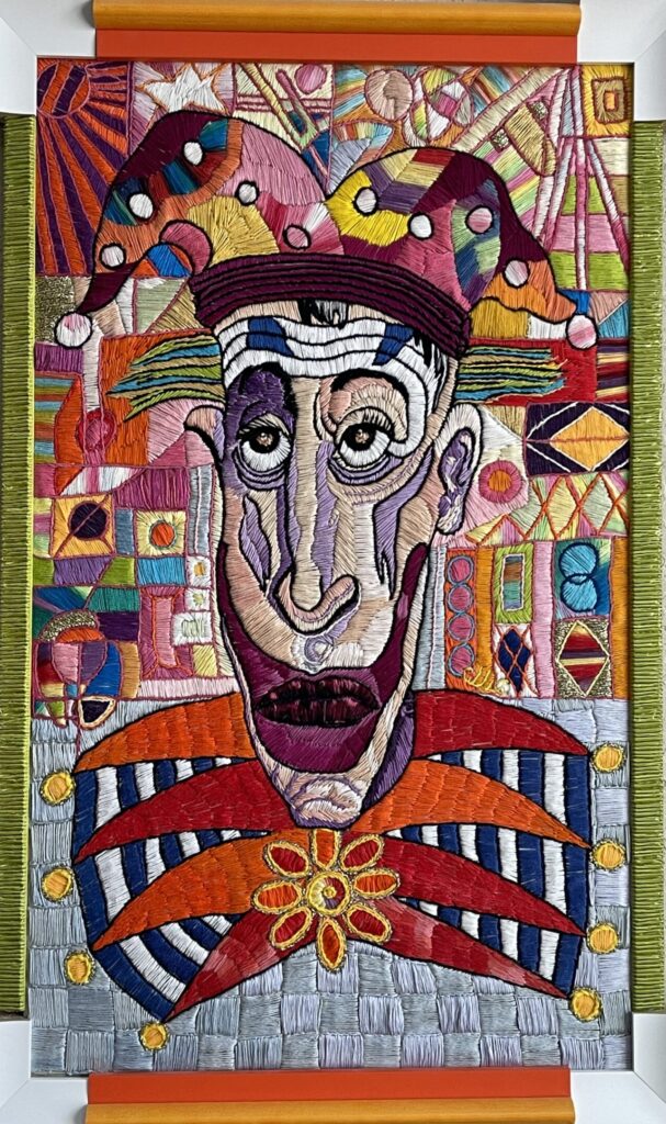 137F, Clown with Red Spiked Collar, Fiber art - silk threads on linen Dimensions: W 19" x H 29" Collection: Available