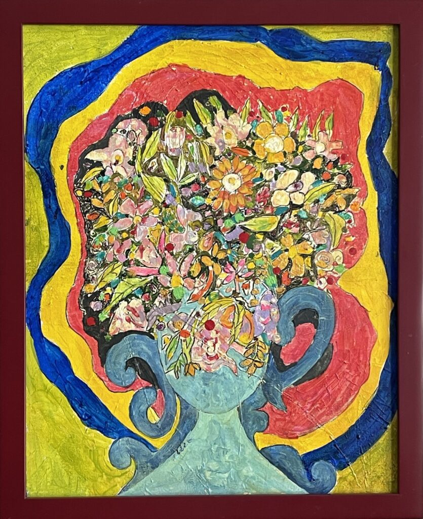 138A, Floral in Burst of Red, Yellow and Blue, Acrylic Dimensions: W 18" x H 21 3/4" Collection: Available