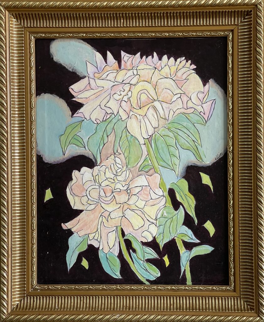 173A, Pink Flowers on Black, Acrylic Dimensions: W 14 1/2 x H 17 1/2" Collection: Available