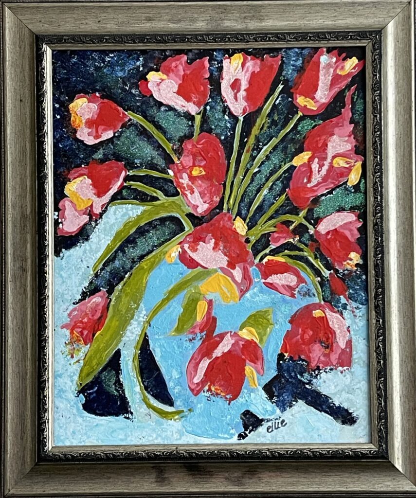 142A, Red Tulips in Blue Vase, Acrylic Dimensions: W 21" x H 24 3/4" Collection: Available