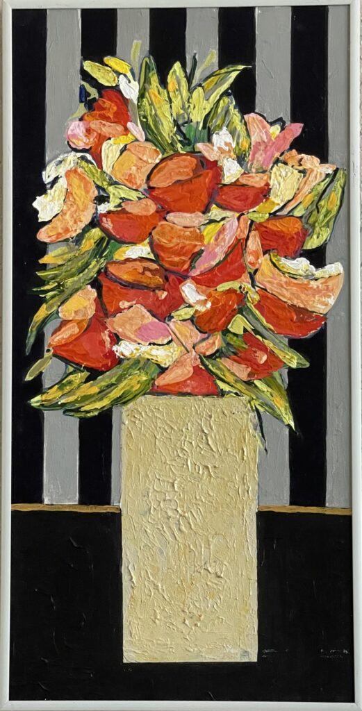 177A, Floral on Gray and black Stripes, Acrylic Dimensions: W 10 1/4" x H 20 1/4" Collection: Available