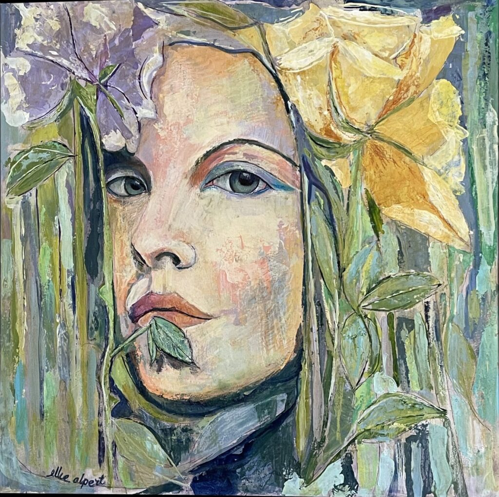 136A, Lady Peering through the Flowers, Acrylic Dimensions: W 24" x H 24" Collection: Private