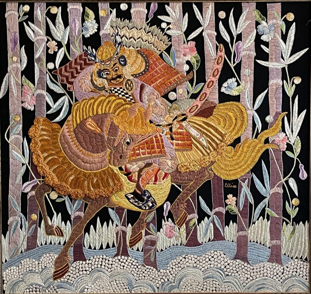 160F, Warrior on Horse, Fiber art - silk threads on linen Dimensions: W 42 1/4" x H 40" Collection: Available