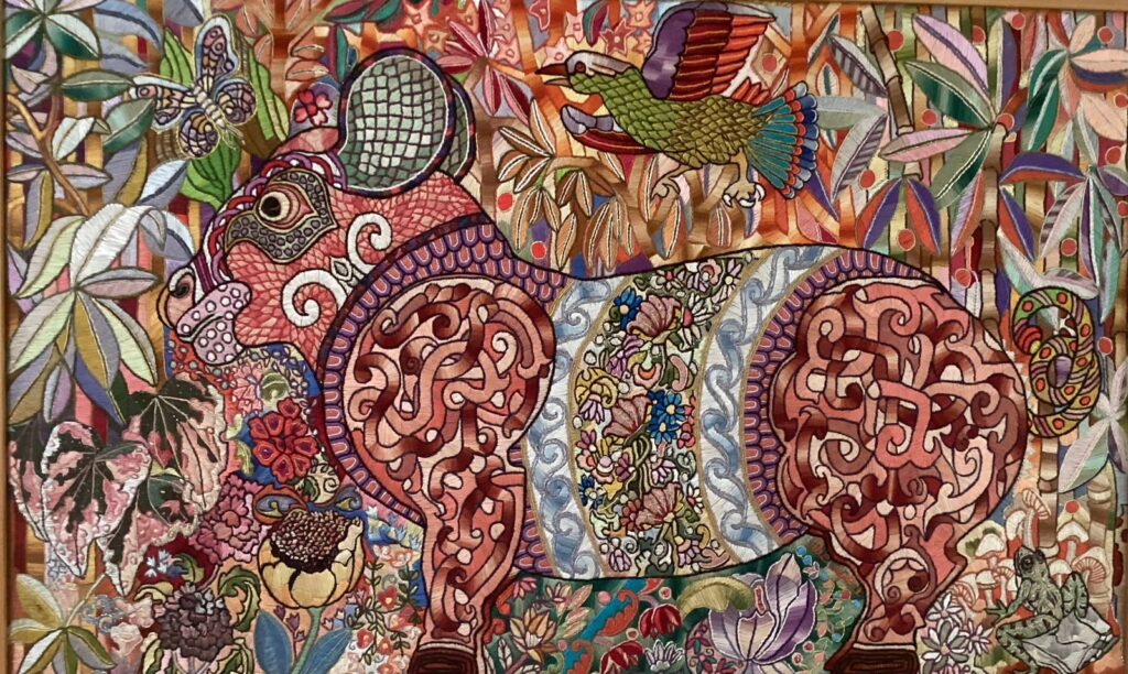 132F, Forrest Ram, Fiber art - silk threads and beads on linen Dimensions: W 50 1/4" x H 31 1/4" Collection: Available