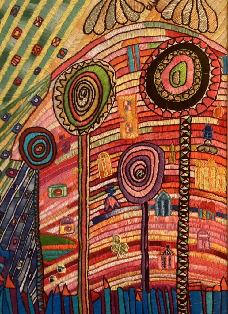 128F, City Tower, Fiber art - silk threads on linen Dimensions: W 19 1/4" x H 26 1/4" Collection: Available