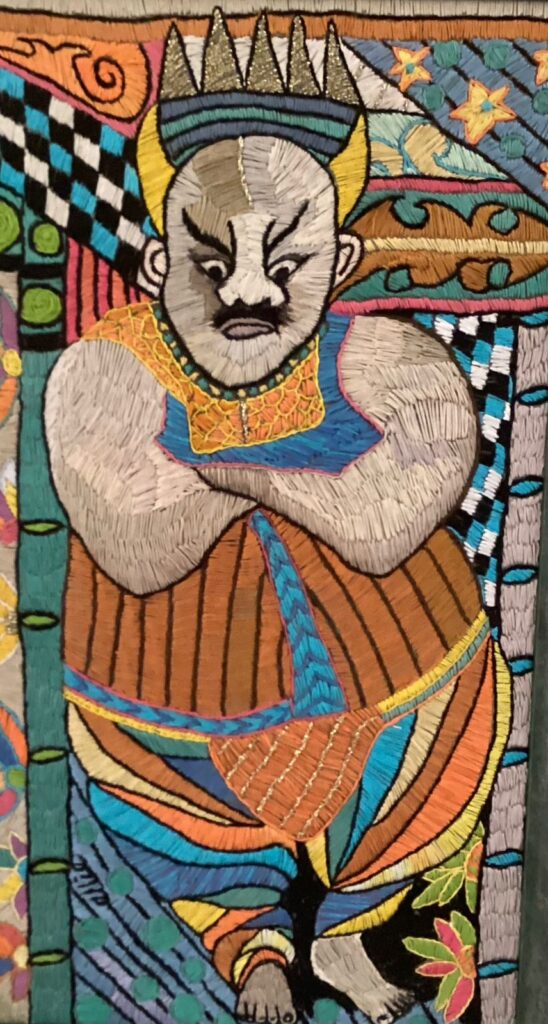 126F, Mini Sultan, Fiber art - silk threads on linen Dimensions: W 15" x H 25" Collection: Available