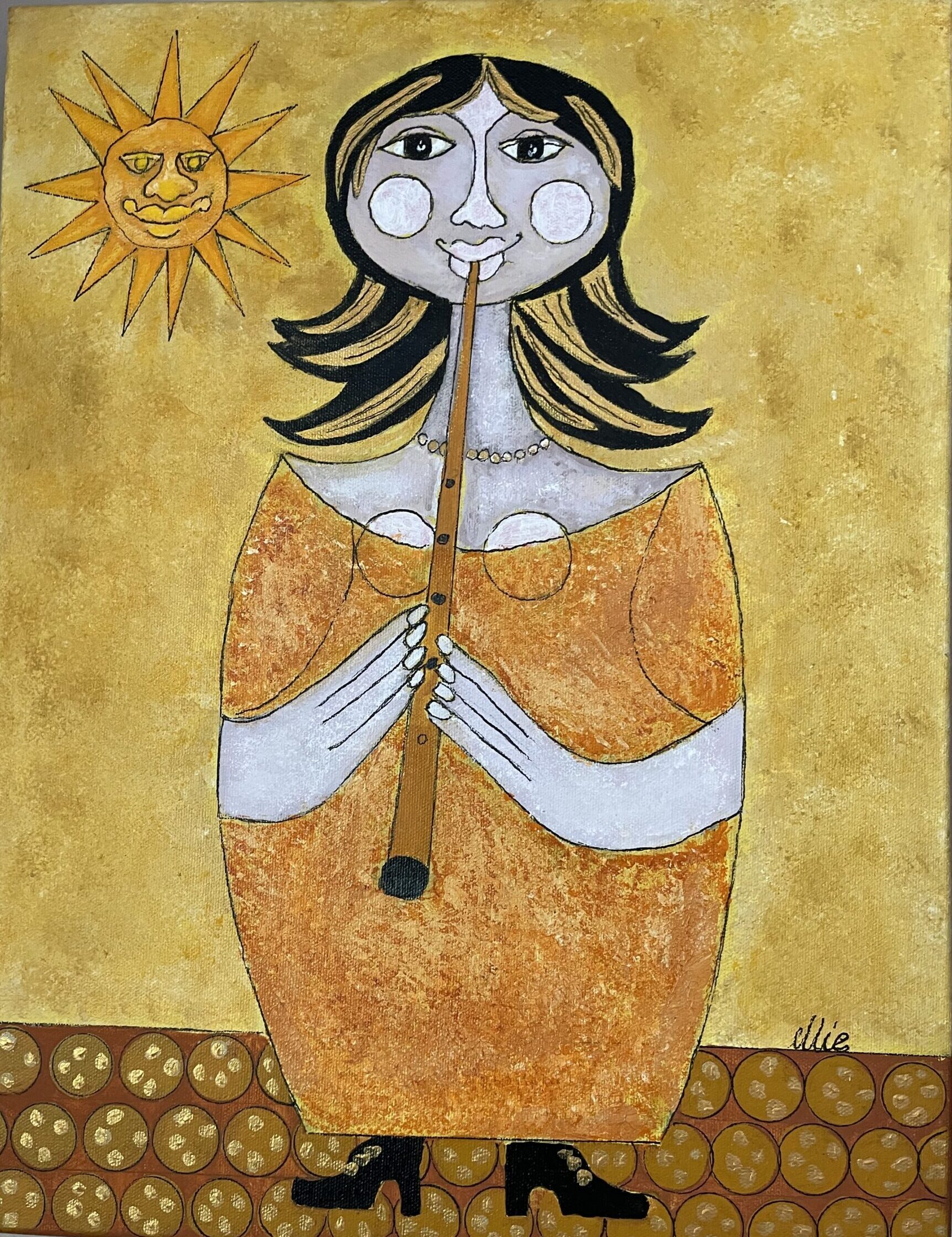151A, Girl with Flute in Yellow, Acrylic Dimensions: W 14" x H 18" Collection: Private