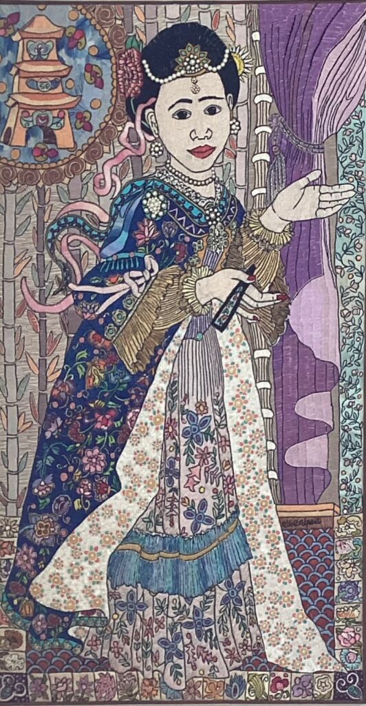 106F, Geisha Girl, Fiber art - silk threads on linen Dimensions: W 26" x H 48 1/2" Collection: Available