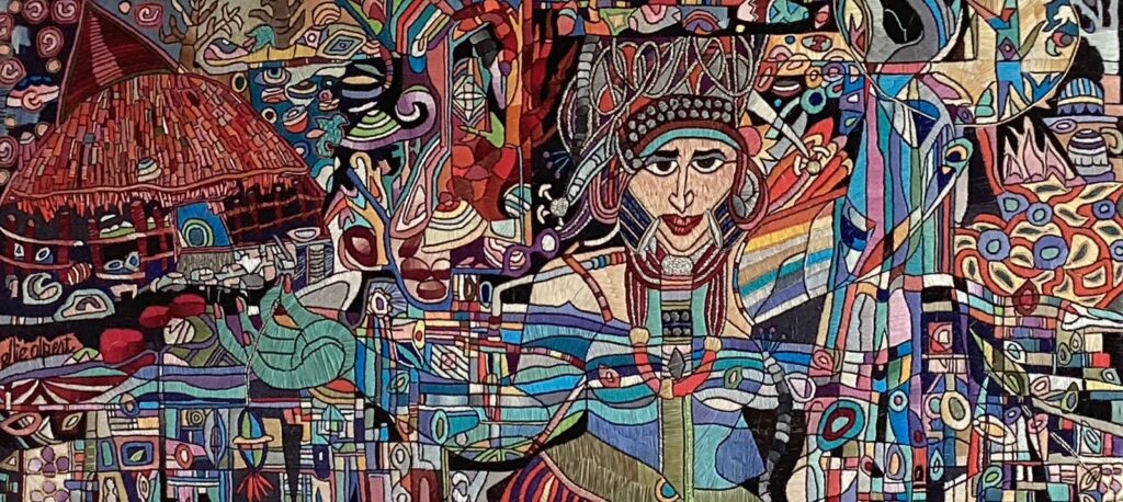 100F, Warrior Women, Fiber art - silk threads on linen Dimensions: W 50 3/8" x H 24" Collection: Private