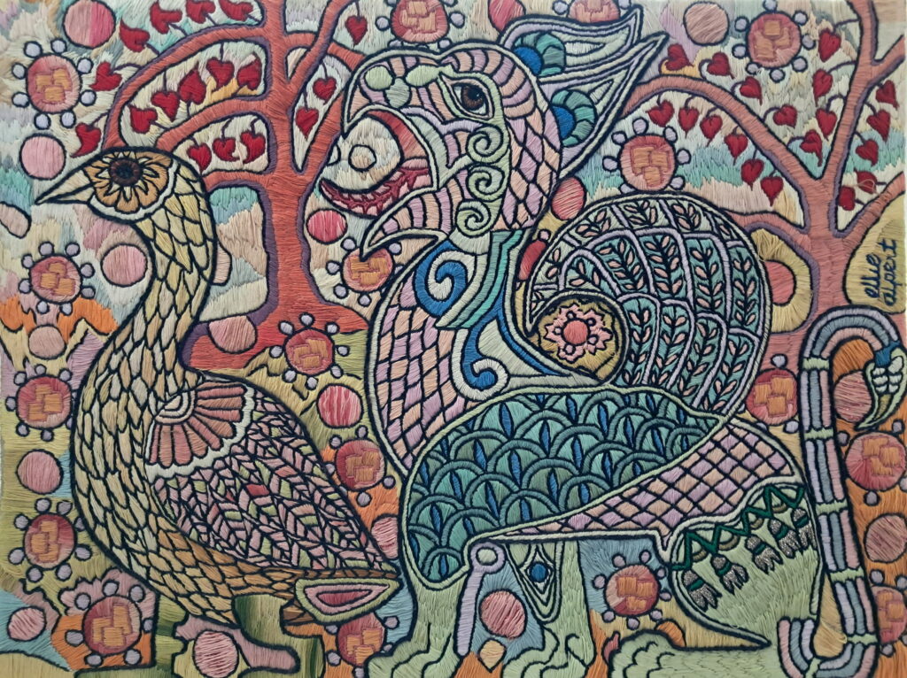 189F, Griffin, Fiber Art - silk thread on linen Dimensions: W 26" x H 20" Collection: Private