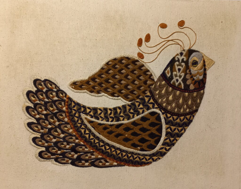 186F, Quail, Fiber Art - silk thread on linen Dimensions: W 30" x H 24" Collection: Private