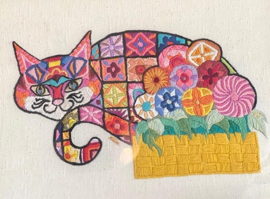146F, Cat, Fiber art - silk threads on linen Dimensions: Don't have measurements Collection: Available