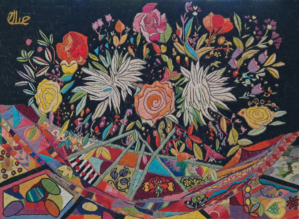 190F, Zoe's Floral on Black, Fiber Art - silk thread on linen Dimensions: W 26" x H 20" Collection: Private