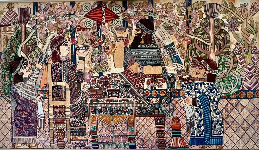 162F, Egyption Celebration, Fiber art - silk threads on linen Dimensions: W 71" x H 39" Collection: Private