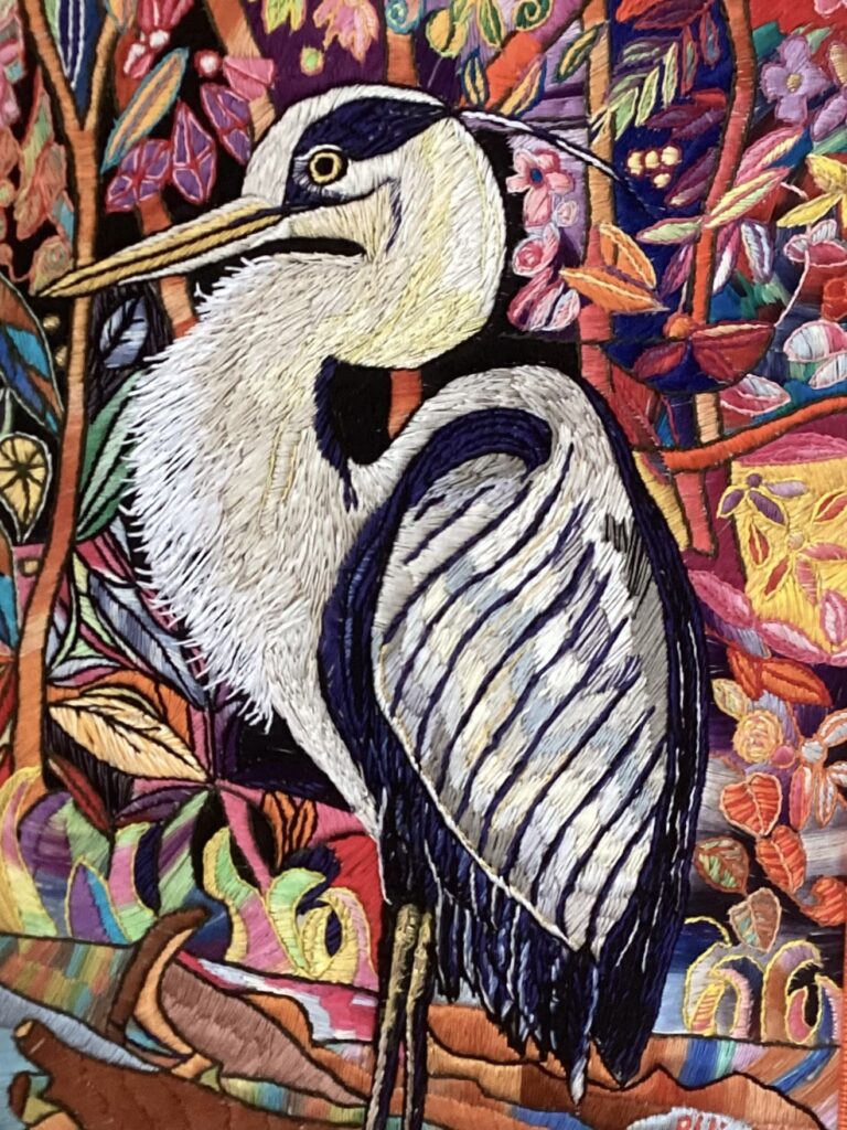 139F, Wading Bird, Fiber art - silk threads on linen Dimensions: Don't have measurements Collection: Available