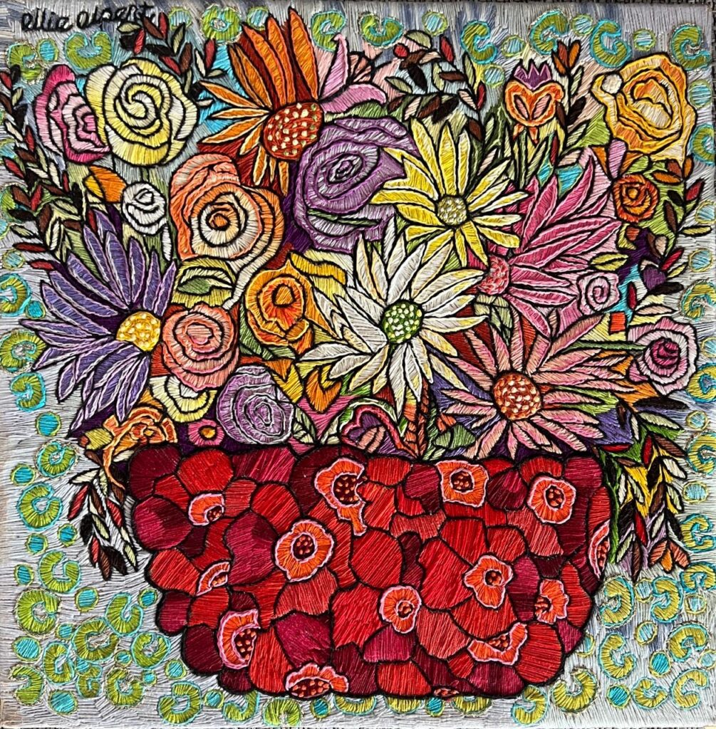 147F, Floral in Red Basket, Fiber art - silk threads on linen Dimensions: W 18" x H 18" Collection: Available