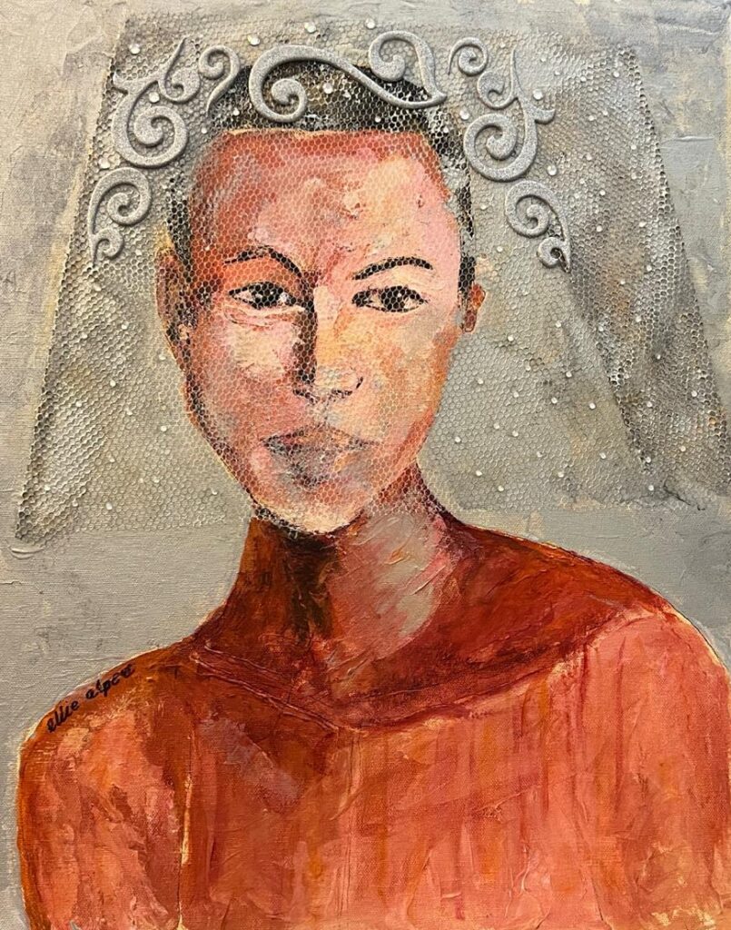 159A, Bride in Red, Acrylic Dimensions: W 16" x H 20" Collection: Available