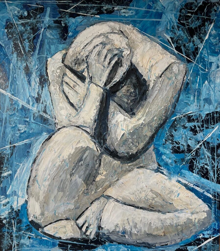 163A, Figure in Pain Blue Background, Acrylic Dimensions: W 17" x H 19" Collection: Private