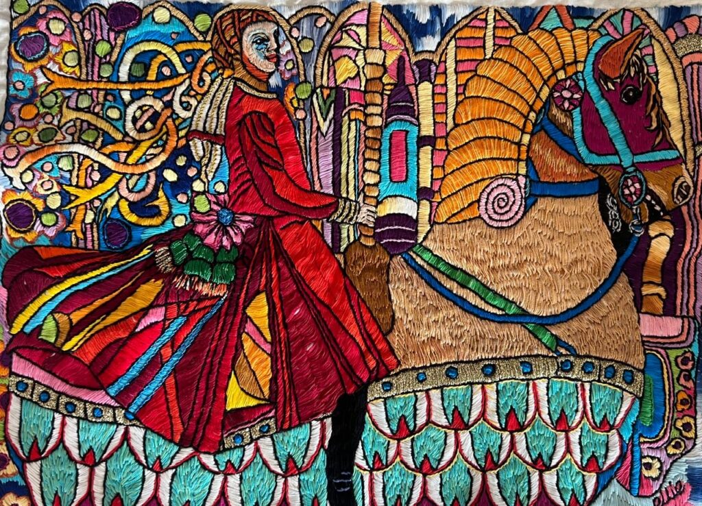 185F, Man on Horse, Fiber Art - silk thread on linen Dimensions: W 22" x H 16" Collection: Private