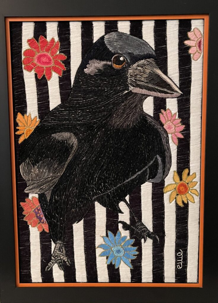 194F, Crow, Fiber Art - silk thread on linen Dimensions: W 20.5" x H 27" Collection: Private