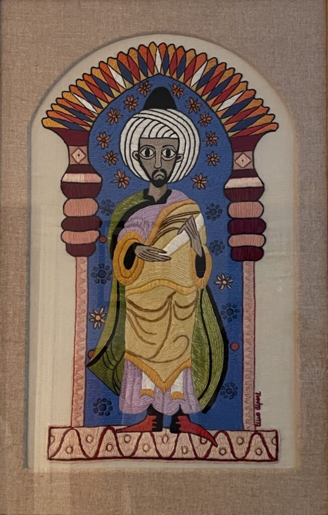 204F, Man in Turban (Ibn Gvirol), Fiber Art - silk thread on linen Dimensions: W 27" x H 41" Collection: Private