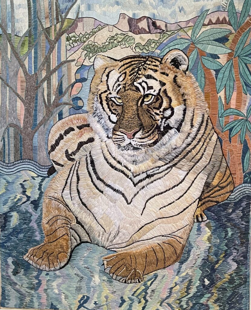 202F, Tiger, Fiber Art - silk thread on linen Dimensions: W 38" x H 46" Collection: Private