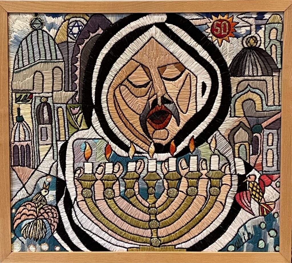 203F, Jewish Mother on Shabbas, Fiber Art - silk thread on linen Dimensions: W 19" x H 17" Collection: Private